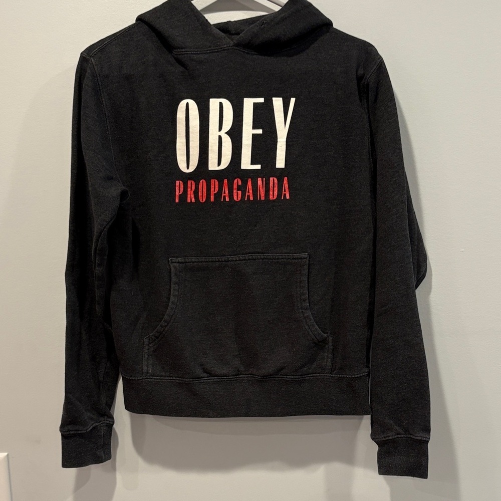 Obey Black Hoodie with White and Red Text